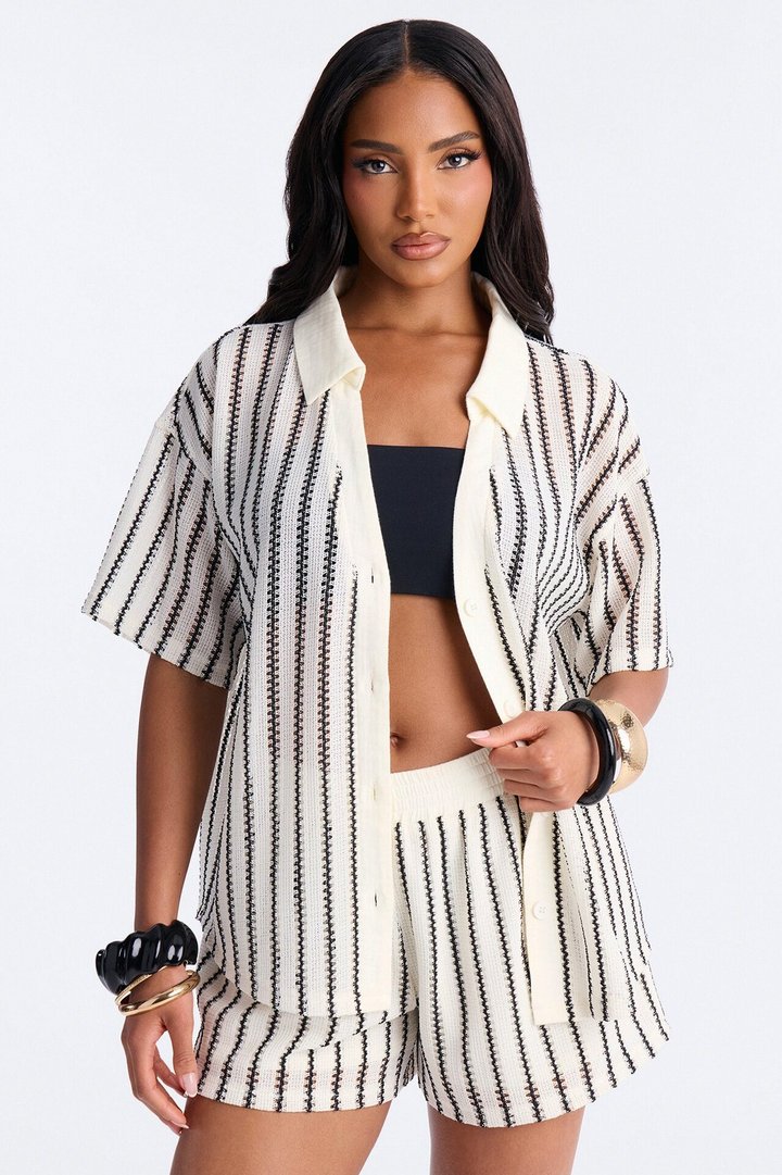 Azura Striped Crochet Short Set - Off White