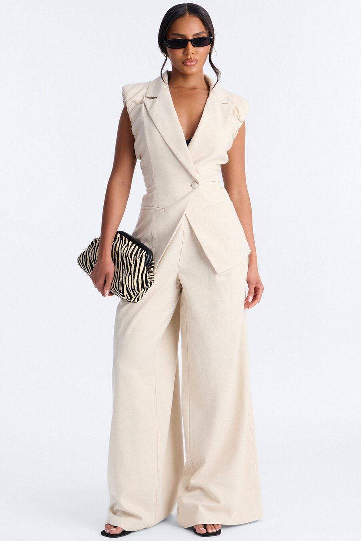 Nhulla Sleeveless Ruched Linen Blazer - Natural