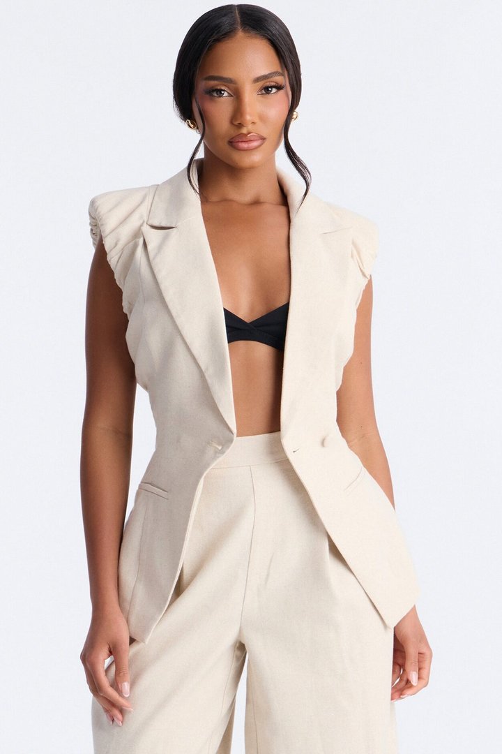 Nhulla Sleeveless Ruched Linen Blazer - Natural