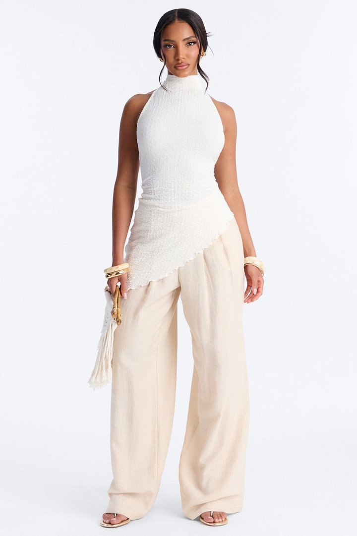 Barbados Textured Asymmetrical Halter Mock Neck Top - Ivory