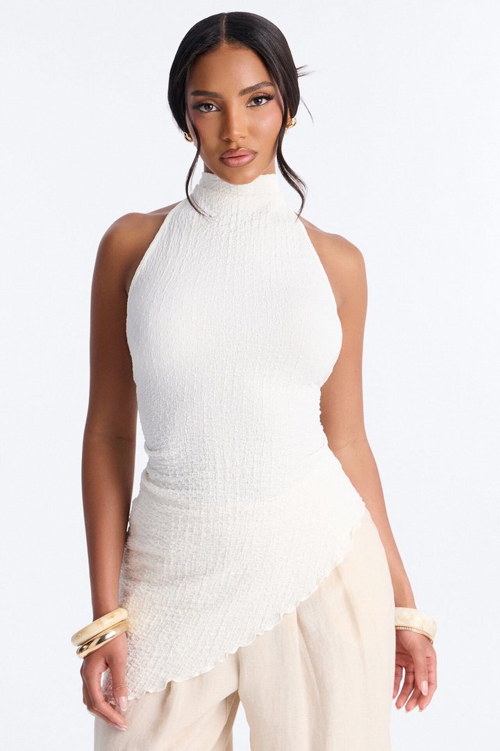 Barbados Textured Asymmetrical Halter Mock Neck Top - Ivory