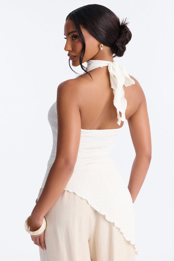 Barbados Textured Asymmetrical Halter Mock Neck Top - Ivory