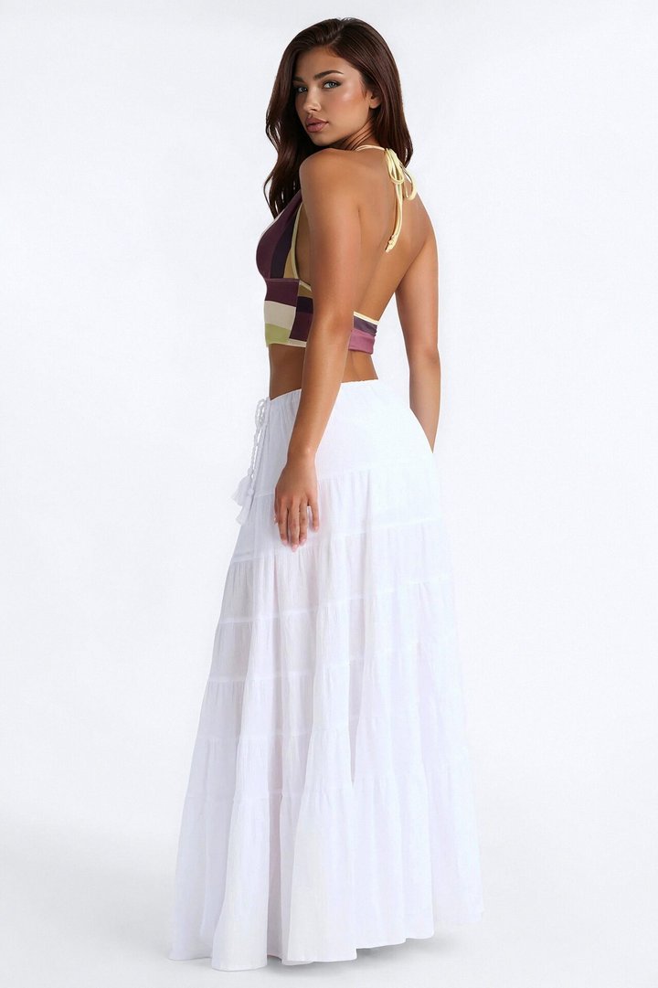 Summer Haze Tiered Rope Tie Waist Maxi Skirt - White
