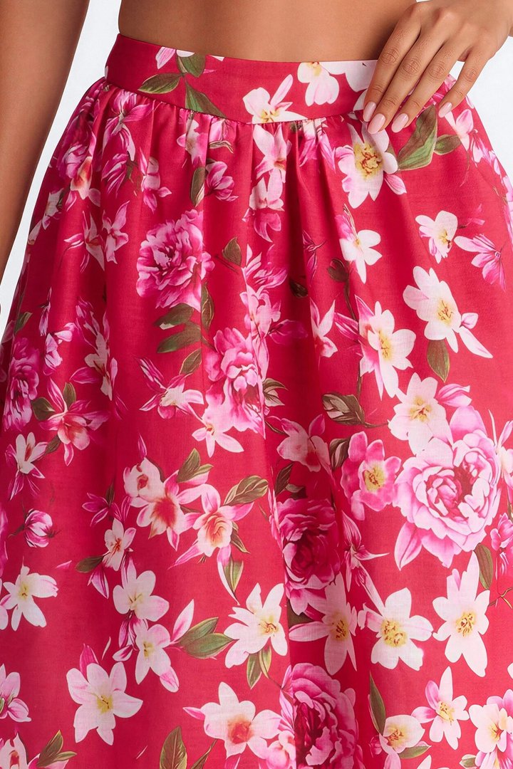 Yvete Floral Linen Bubble Hem Midi Skirt - Pink/combo