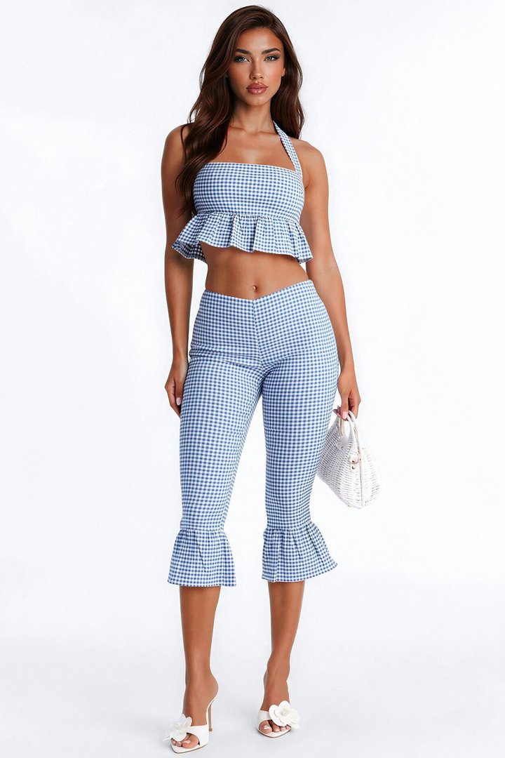 Dorothy Darling Halter Ruffled Gingham Top - Blue
