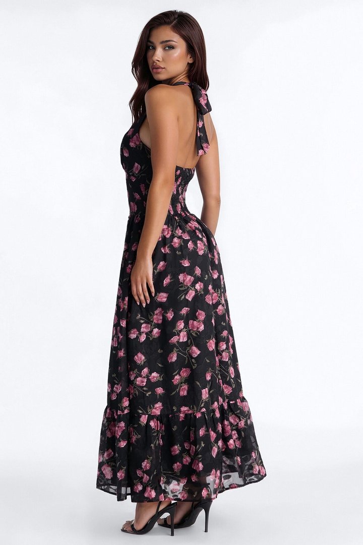 Whispering Rose Chiffon Maxi Dress - Black/combo