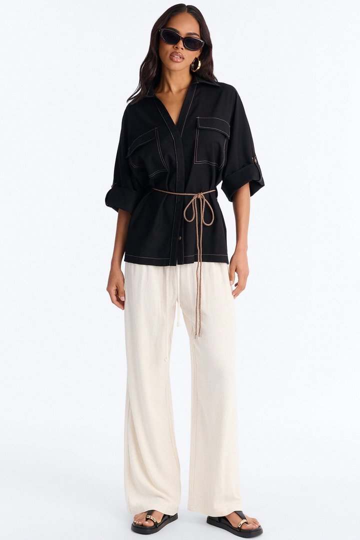 Casual Class Belted Linen Shirt - Black