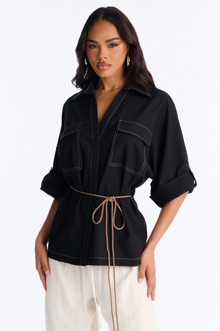 Casual Class Belted Linen Shirt - Black