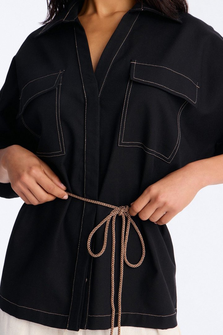 Casual Class Belted Linen Shirt - Black