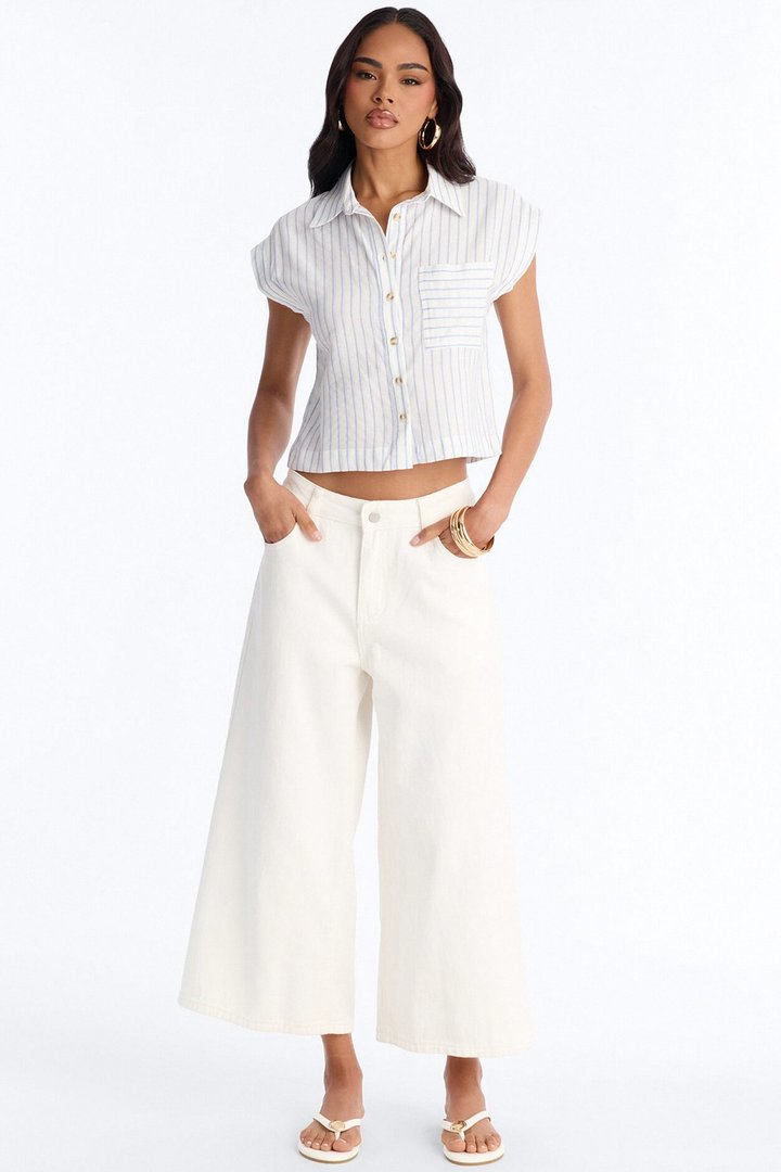 Isabelle Pinstripe Short Sleeve Button Up Shirt - Blue