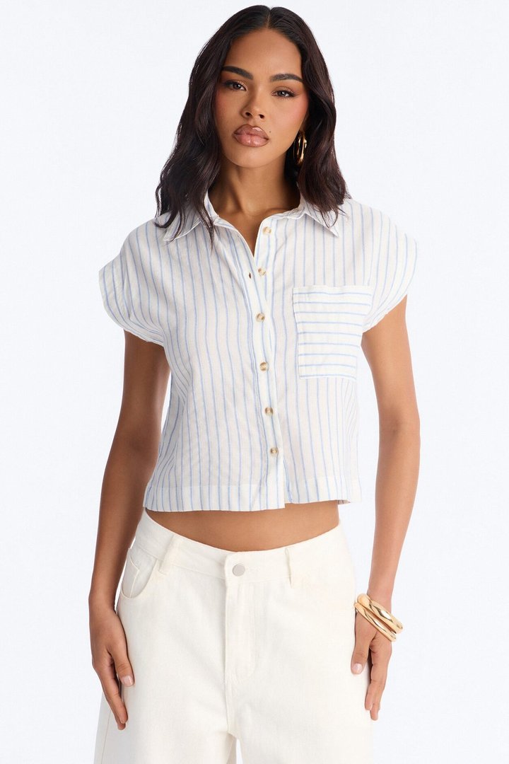 Isabelle Pinstripe Short Sleeve Button Up Shirt - Blue