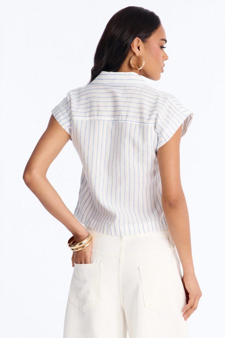 Isabelle Pinstripe Short Sleeve Button Up Shirt - Blue