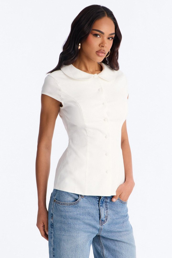 Little Cute Moment Tie Back Linen Shirt - White