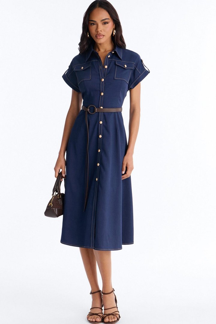 Malissa Belted Midi Dress - Navy