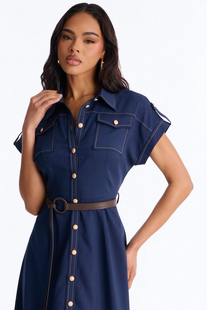 Malissa Belted Midi Dress - Navy