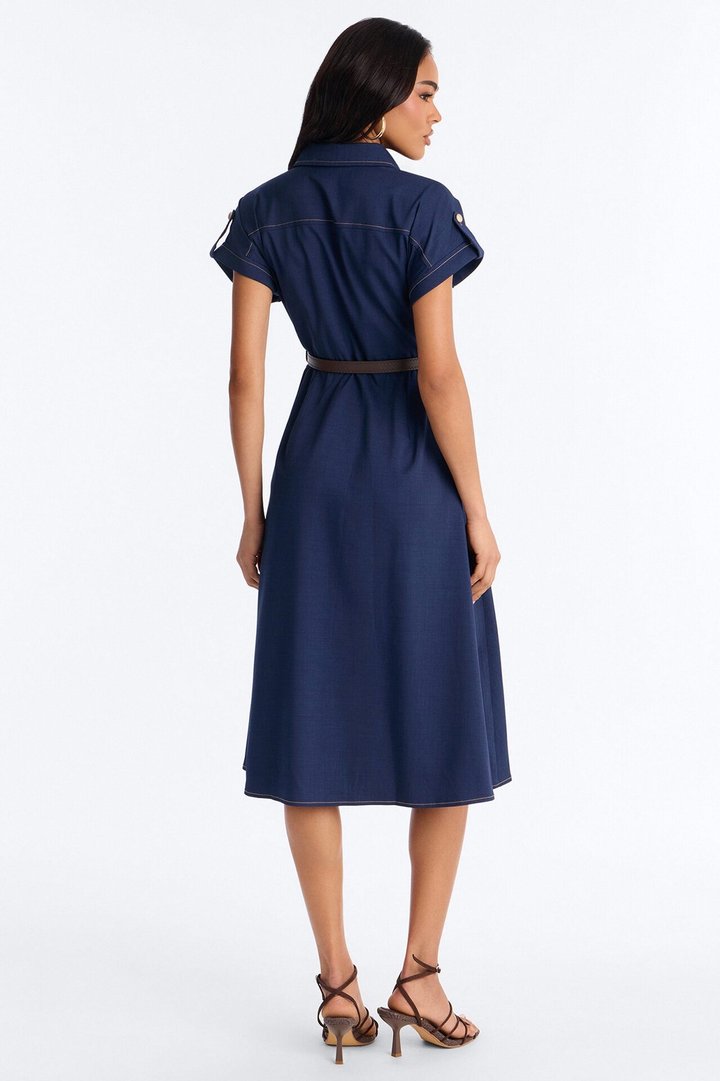Malissa Belted Midi Dress - Navy