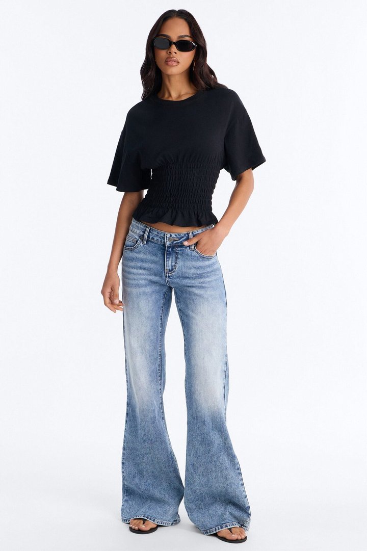 Delaney Smocked Short Sleeve Top - Black