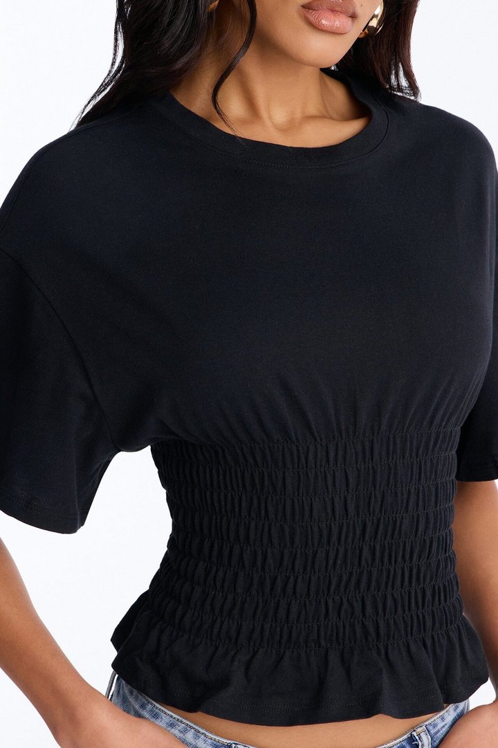 Delaney Smocked Short Sleeve Top - Black