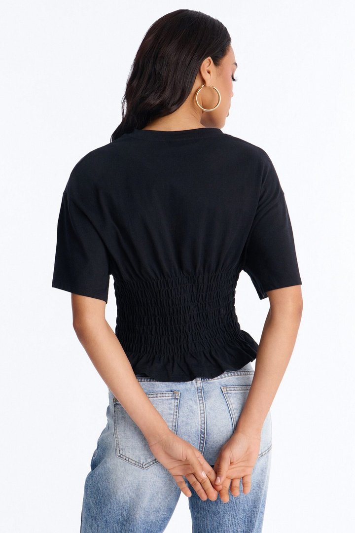 Delaney Smocked Short Sleeve Top - Black