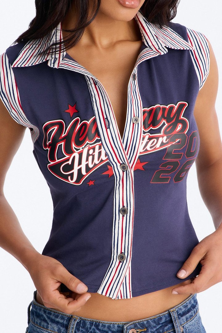 Heavy Hitter Button Front Collar Top - Navy