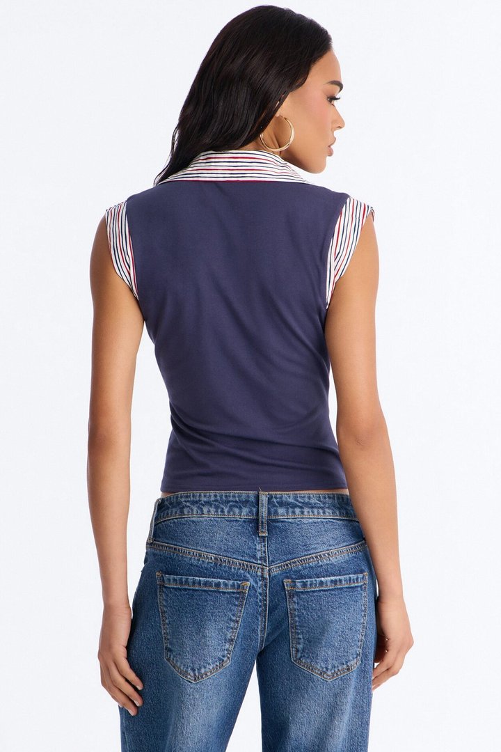 Heavy Hitter Button Front Collar Top - Navy