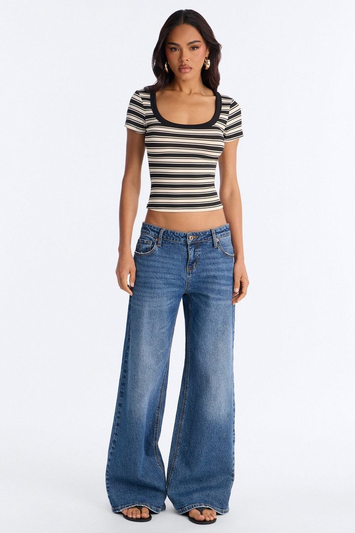 Rylee Ribbed Striped Short Sleeve Top - Black/combo