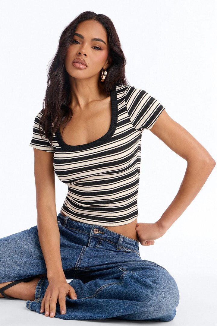 Rylee Ribbed Striped Short Sleeve Top - Black/combo