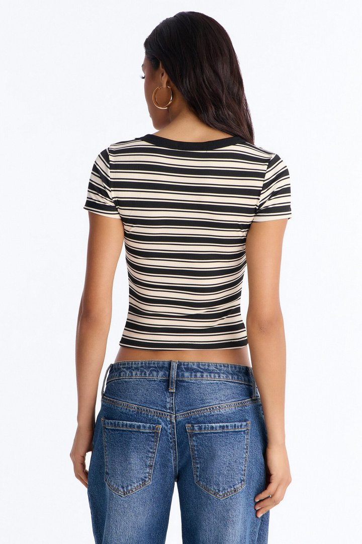 Rylee Ribbed Striped Short Sleeve Top - Black/combo