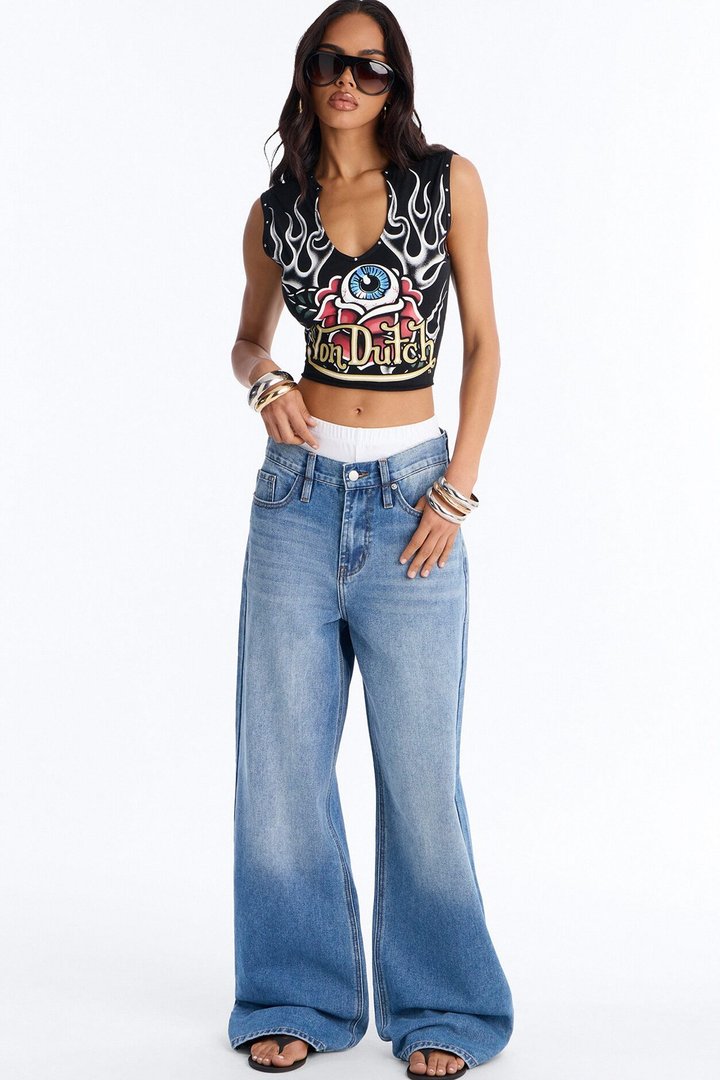 Von Dutch Rocker Eye Rose Tank With Studs - Black