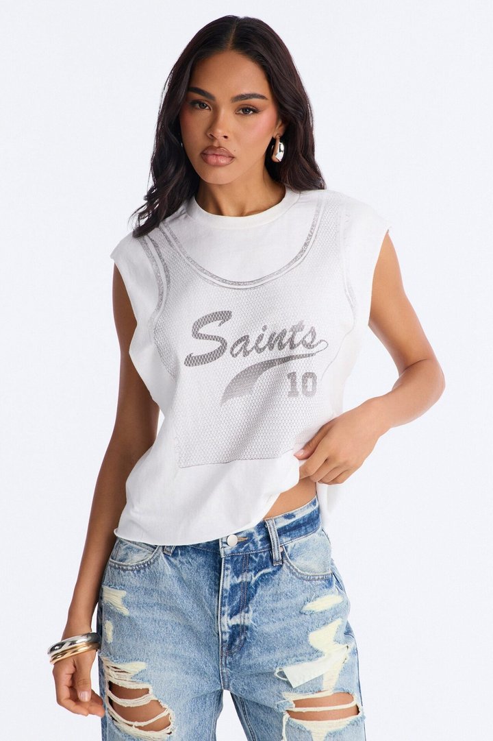 Saints Crop Muscle Tank - White