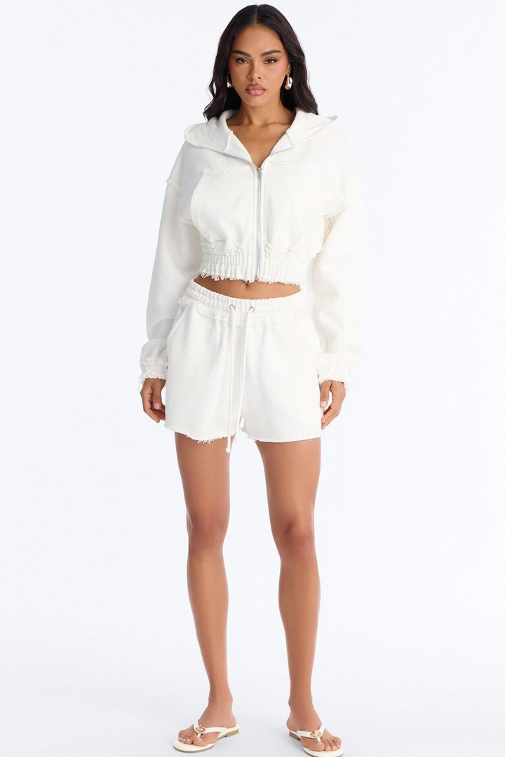 Avery French Terry Zip Up Short Set - White