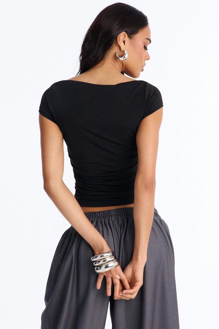 Kate Ruched Cowl Neck Top - Black