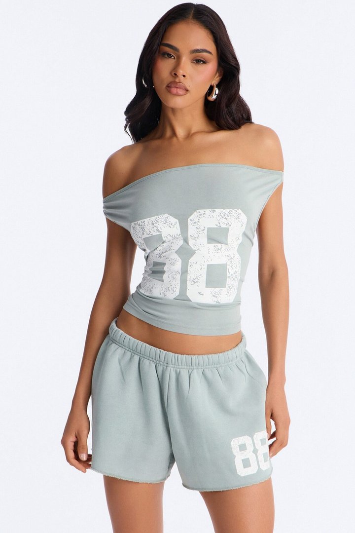 88' Vibe Off Shoulder Fleece Short Set - Sage