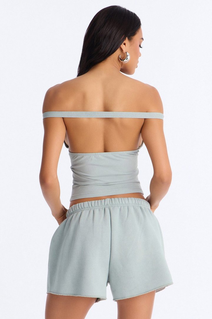 88' Vibe Off Shoulder Fleece Short Set - Sage