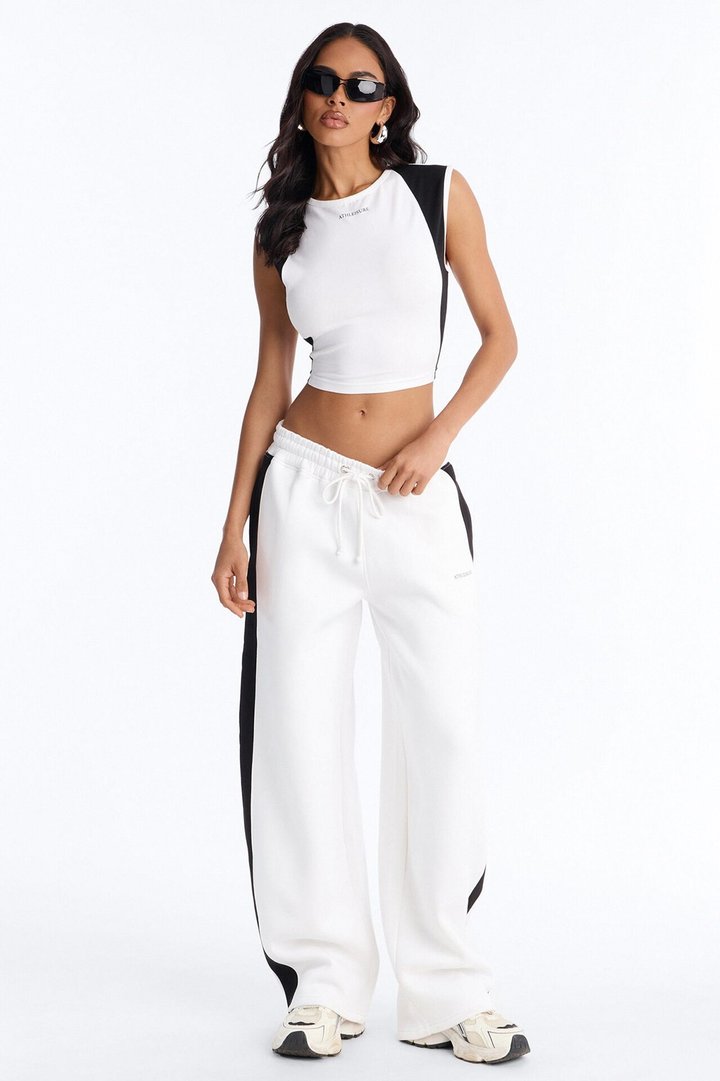 Athleisure Day Fleece Barrel Leg Pant Set - White/Black