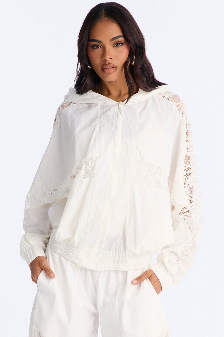 Sweet Addiction Lace Trim Windbreaker Jacket - White