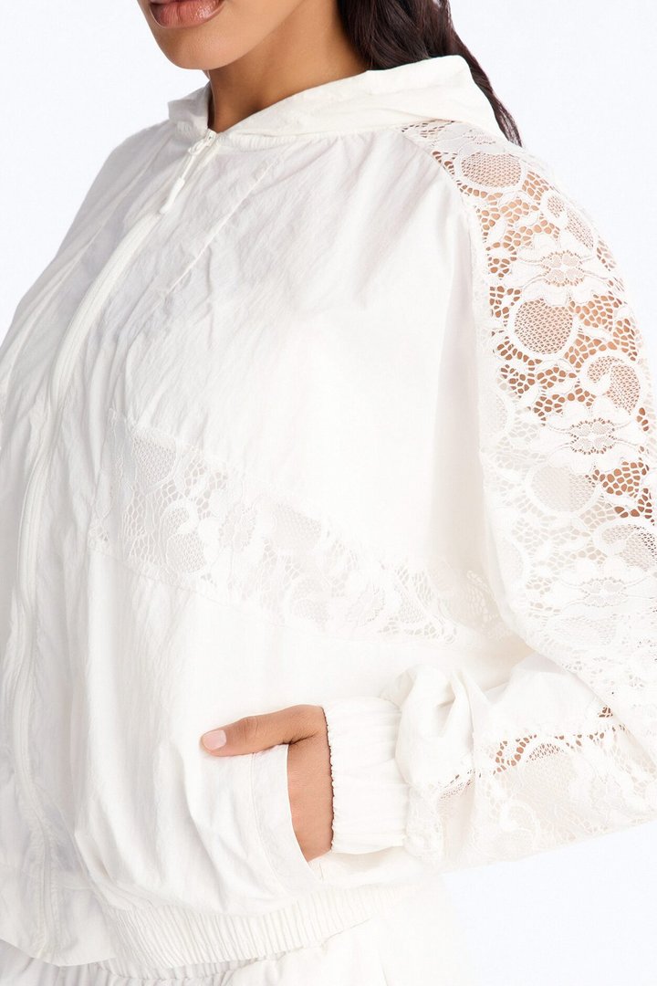 Sweet Addiction Lace Trim Windbreaker Jacket - White