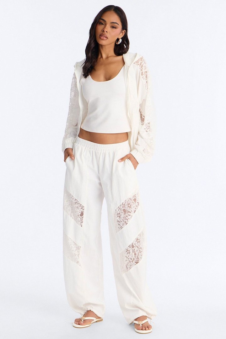 Sweet Addiction Lace Trim Windbreaker Pant - White
