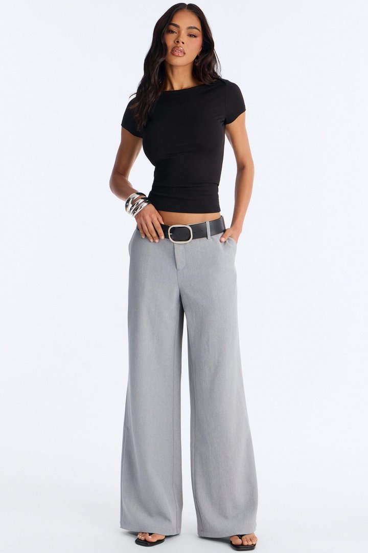 Angelina Low Rise Belted Straight Leg Trouser - Grey