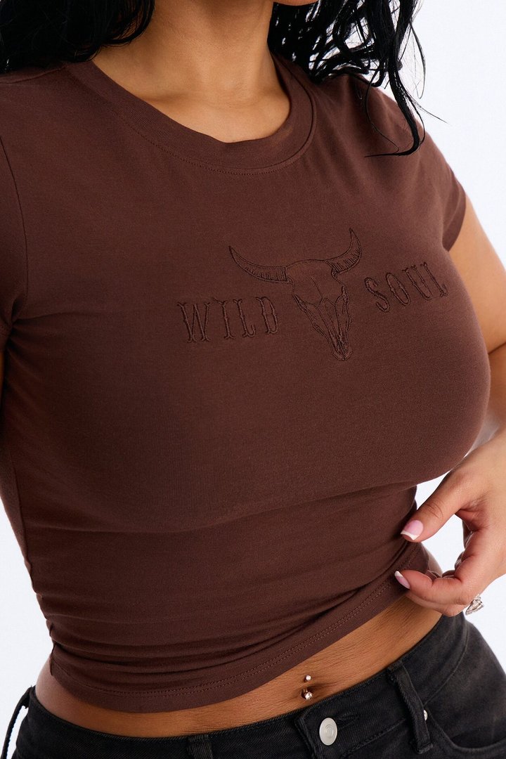 Wild Soul Embroidered Baby Tee - Brown