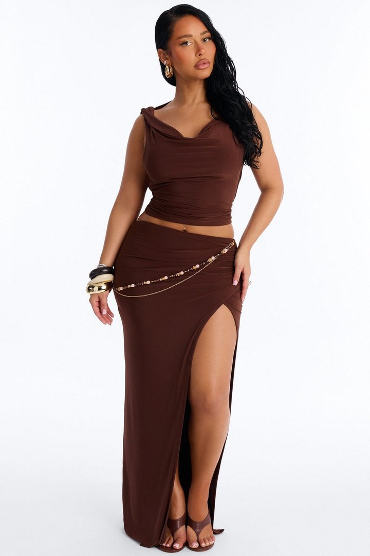 Selene Open Back Chain Detail Maxi Skirt Set - Brown