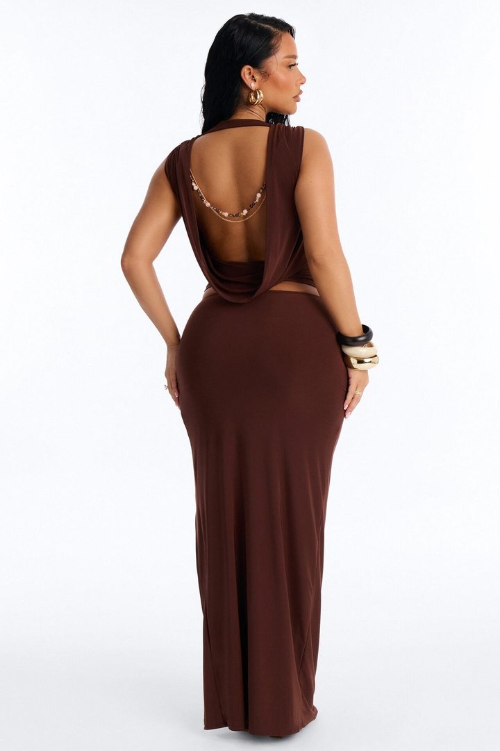 Selene Open Back Chain Detail Maxi Skirt Set - Brown