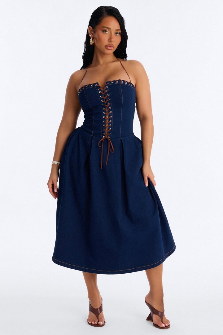 Karolina Lace Up Denim Midi Dress - Dark Wash