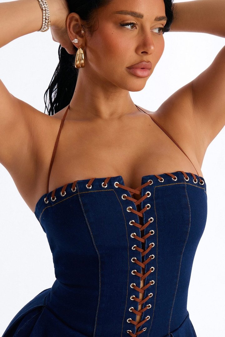 Karolina Lace Up Denim Midi Dress - Dark Wash