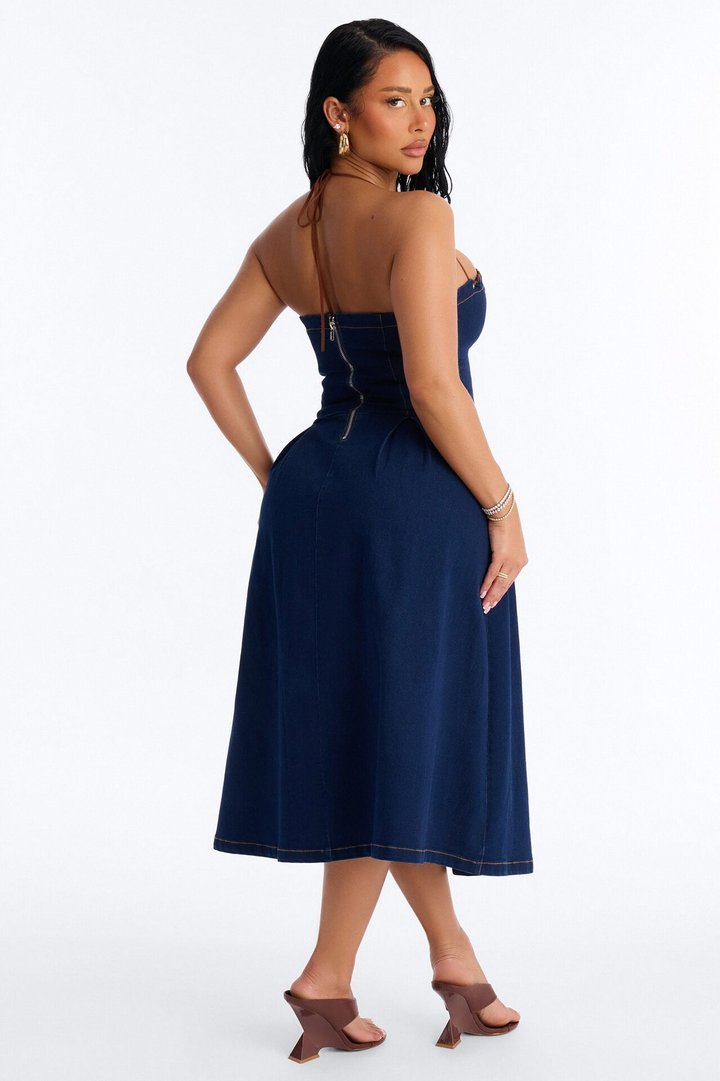 Karolina Lace Up Denim Midi Dress - Dark Wash
