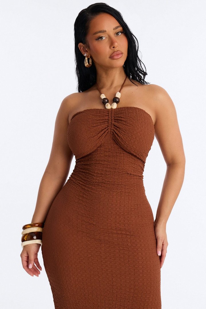 Tulum Halter Textured Maxi Dress - Chocolate