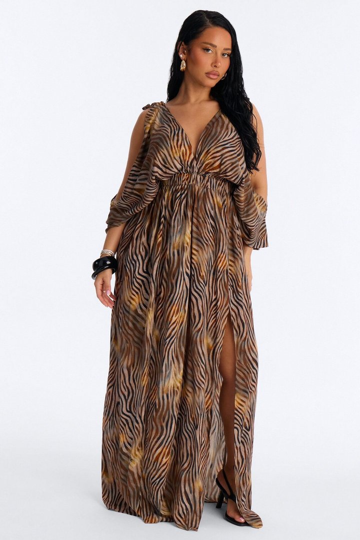 Laurel Animal High Slits Maxi Dress - Brown/combo