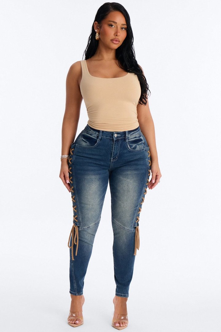 Shadow Siren Lace Up Slim Straight Leg Jeans - Dark Wash