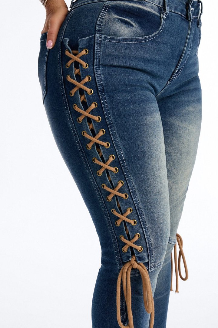 Shadow Siren Lace Up Slim Straight Leg Jeans - Dark Wash