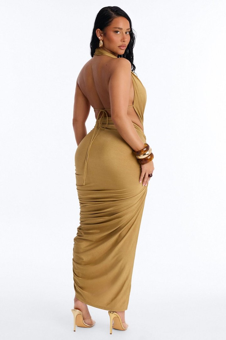 Palm Tree Paradise Ruched Maxi Dress - Gold